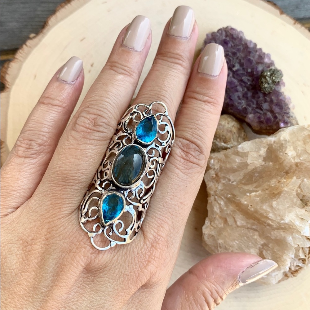 LABRADORITE & BLUE TOPAZ RING SIZE 10